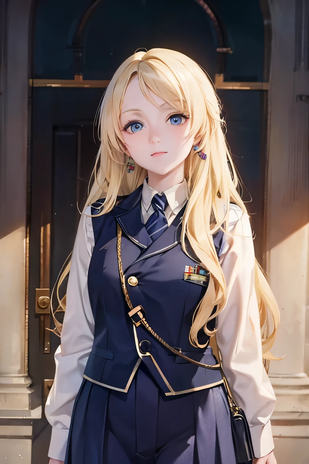 a beautiful image of Luna , Wearing a uniform,  masterpiece,  photorealistic ,  Detailed , 4k, HDR-10, backluzing, bloom, luz, RAW Color Photo, soft leather, blonde,  Detailed  face, Blue eyes, 