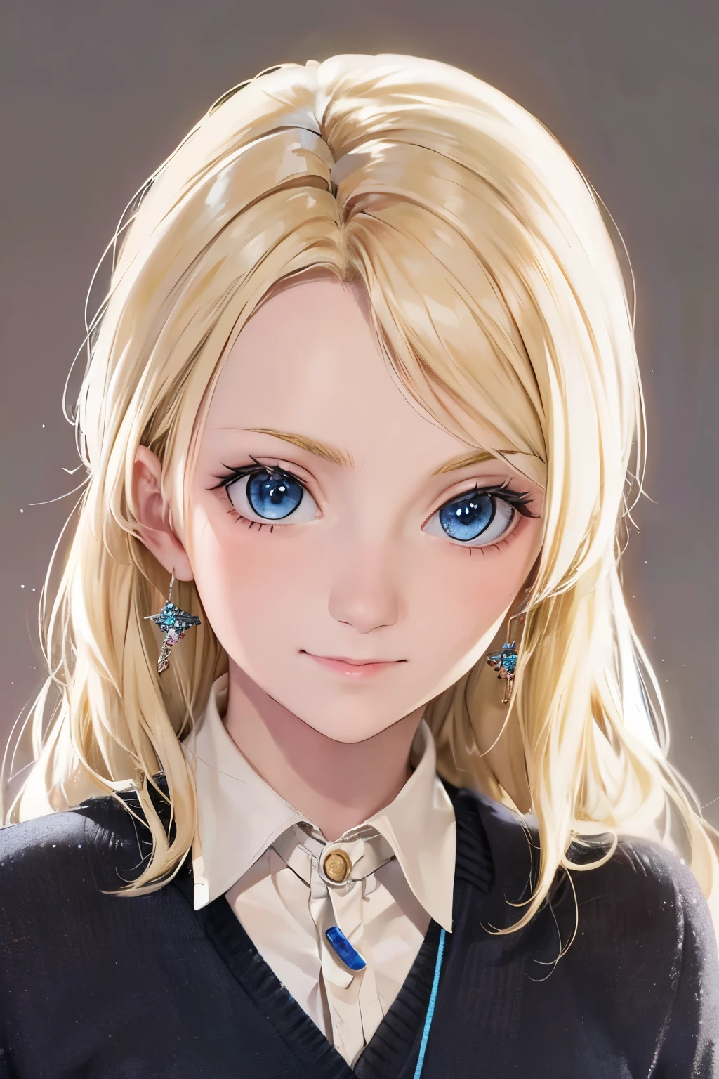 a beautiful image of Luna , Wearing a uniform, masterpiece, photorealistic , Detailed , 4k, HDR-10, backluzing, bloom, luz, RAW Color Photo, soft leather, blonde, Detailed face, Blue eyes,
