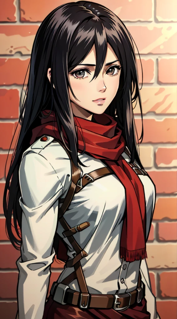 Long black hair, nurse dress, massive sized boobs, thigh legs, nurse cap on her head,short nurse skirt, standing, brown colour eyes,ultra realistic detailed brown eyes, beautiful and perfect face, hospital background, Mikasa Ackerman with red scarf, black hair