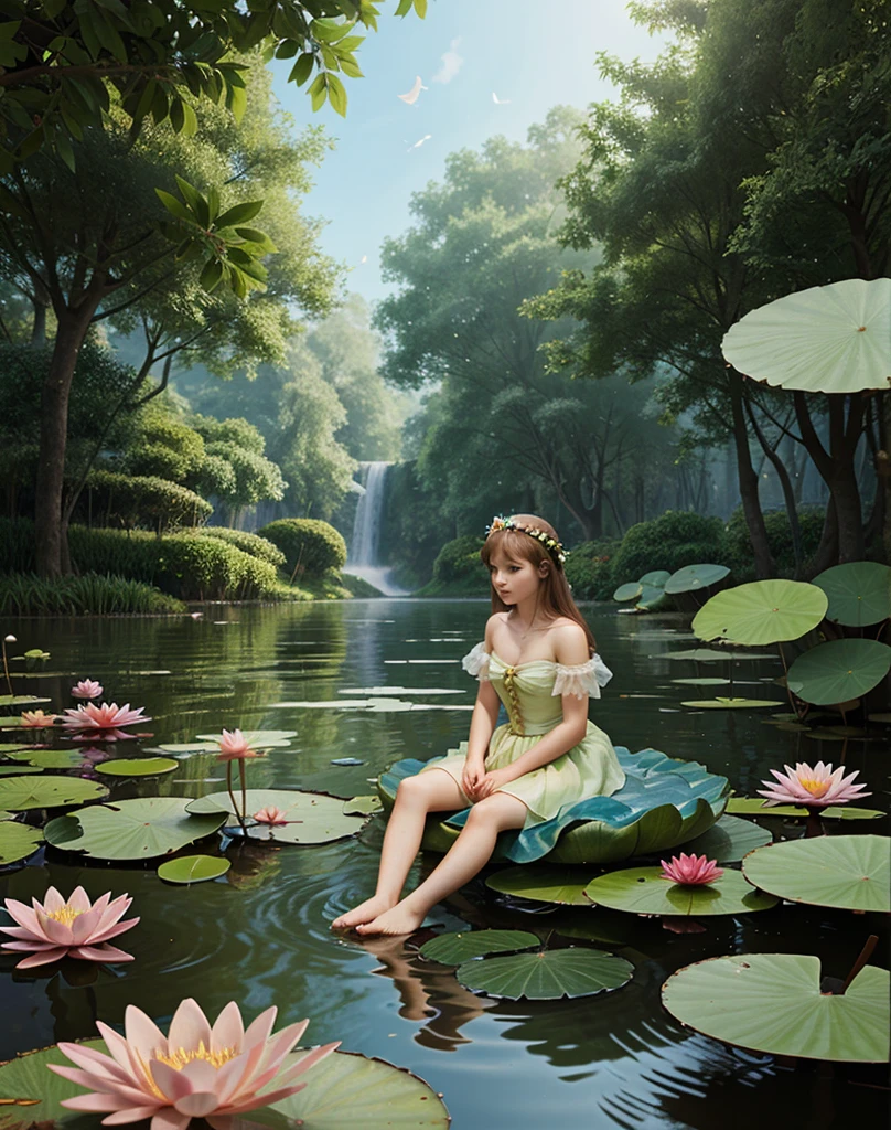 Create several illustrations for the fairy tale Thumbelina , about a girl sitting in a water lily 