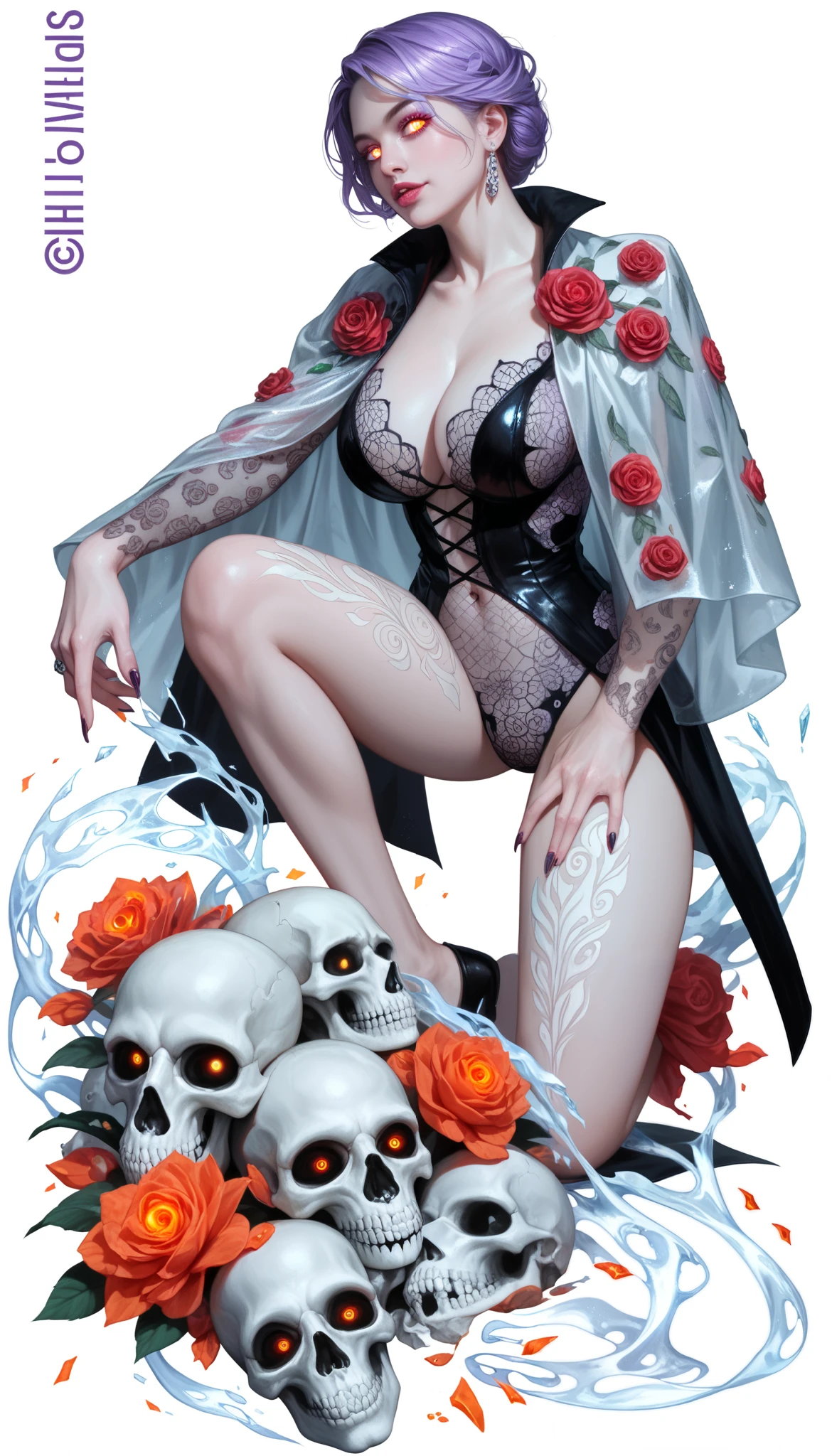 Woman body set large breasts(best quality, highres, ice skull:1.1), A girl with purple hair and a red cape, featuring a Dracula Orchid pattern. (best quality, ultra-detailed), (realistic), vibrant colors, intense lighting, lava-like texture, hauntingly beautiful composition, surreal atmosphere, contrasting dark shadows, mesmerizing glow, detailed facial features, flowing lava tendrils, fiery eyes, ethereal presence, intricate floral patterns, mysterious aura."
