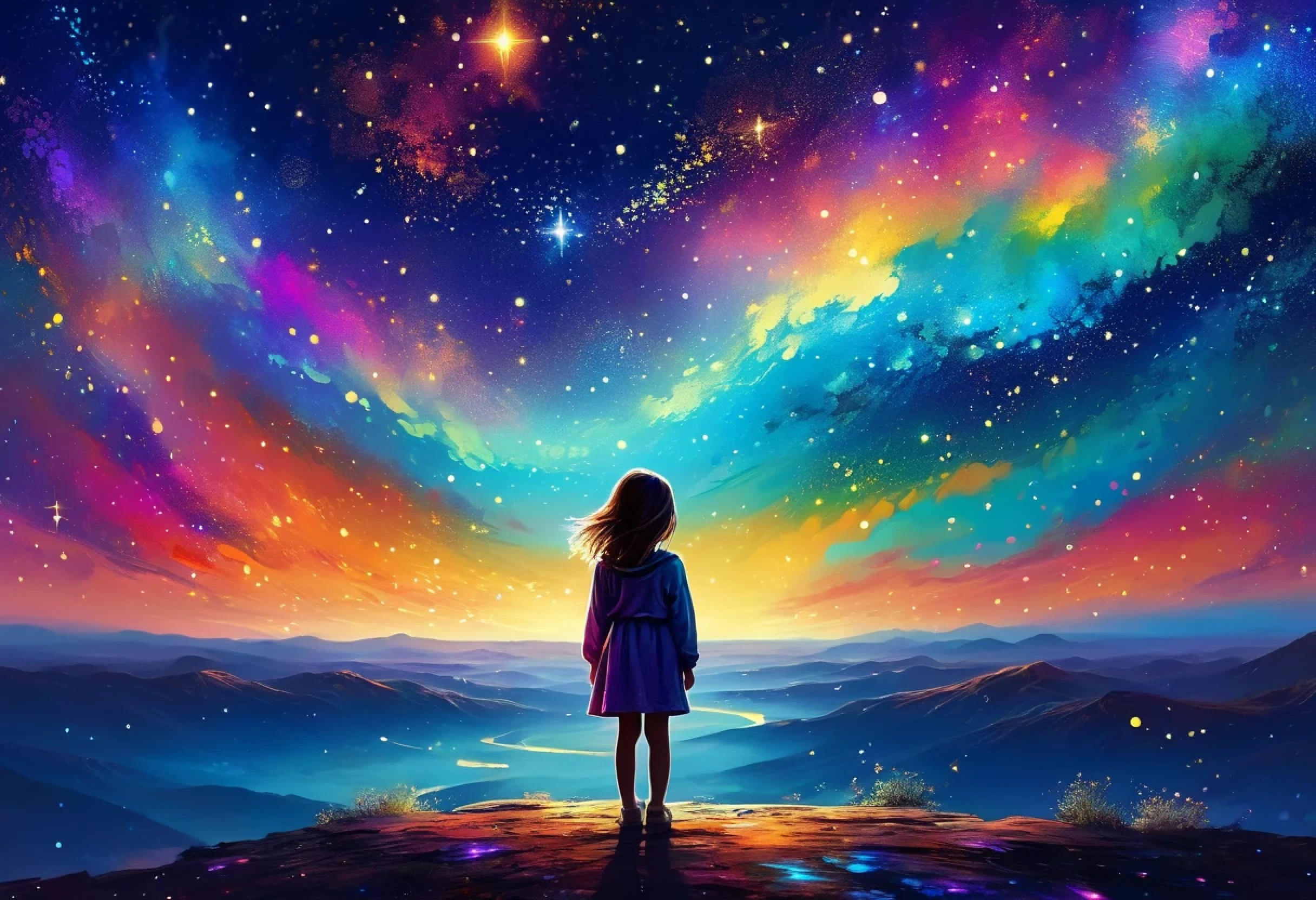   standing backwards on a starry horizon， fantastic and colorful paint ， fantasy，Expansive atmosphere 