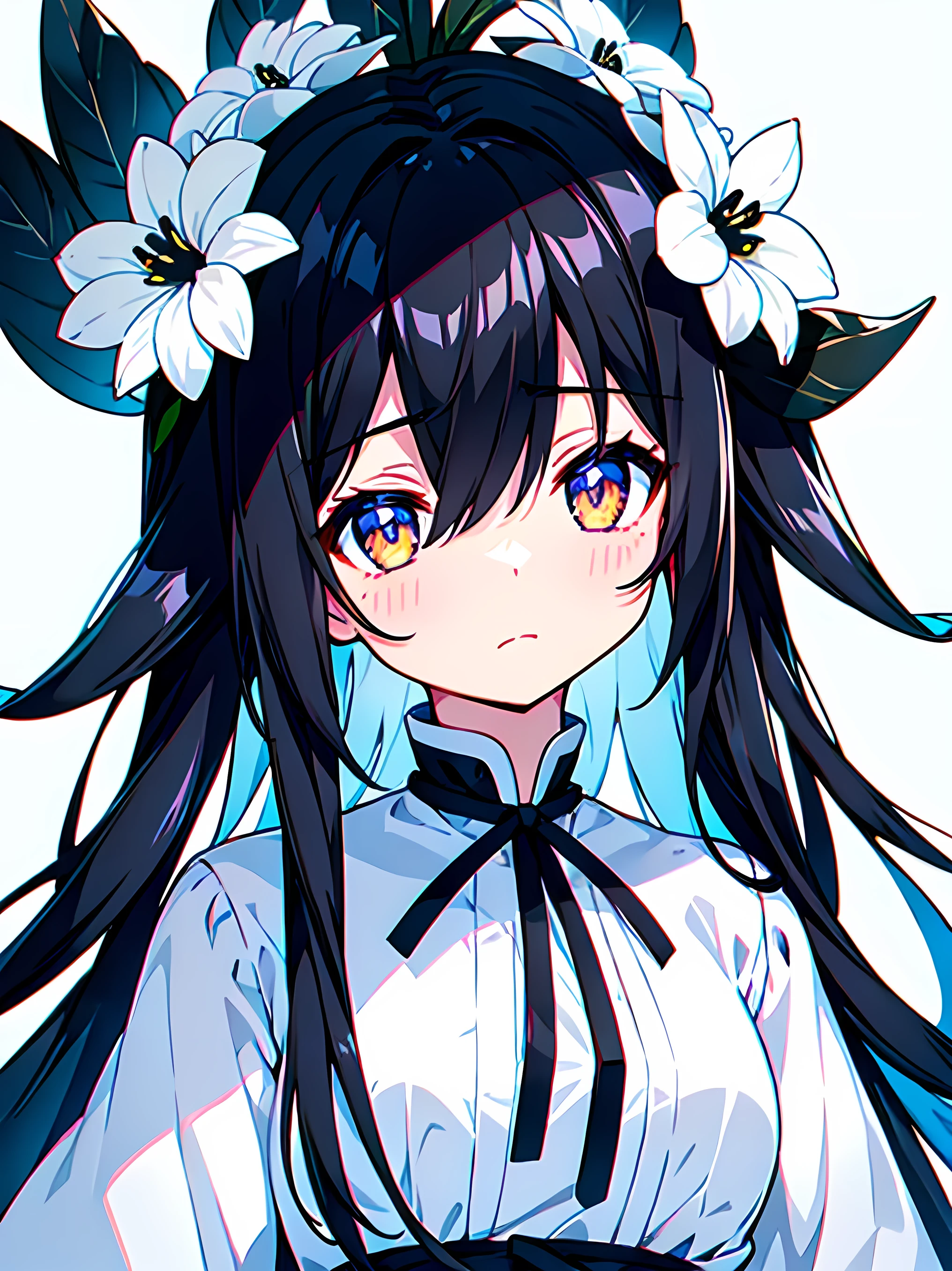 Anime girl with long black hair and white flowers in her hair - SeaArt AI