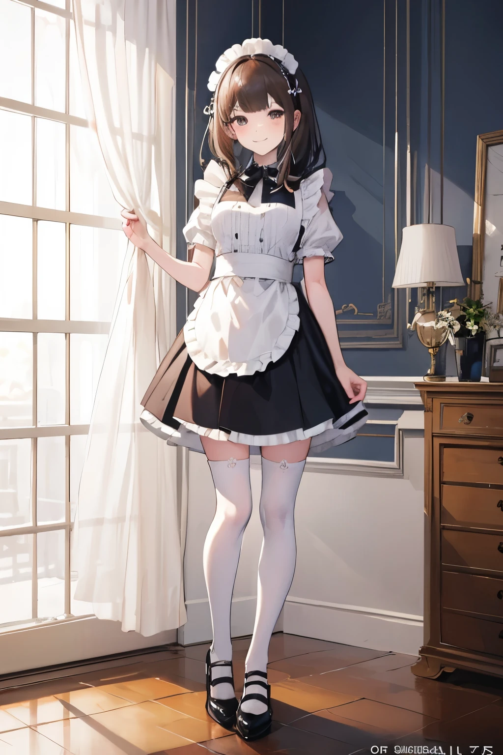 masterpiece, best quality, nsfw,
1girl, view from below,
lift up the skirt, maid clothes, white panties, white garter belt, brown hair, embarrassed face,
(wet body:1.2), bedroom, night,