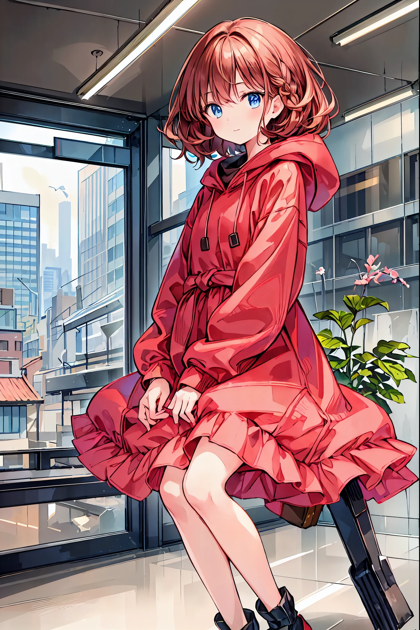 Winter clothes、Red coat、Bare legs、( top quality ,Masterpiece:1.3, Ultra-Fine ),( very detailed, caustics ,8k),( realistic :1.4,RAW shooting),18 years old, Japanese , cute, Looking at the camera and smiling ,( faces :1.2),( face close-up :1.2),(Low position:1.3),( low angle:1.4), brown hair, Shortcut , slender beauty , messy hair,Cityscape, brown hair, Shortcut , tousled hair , short braided hair,Neat, slender and beautiful woman with C cup breasts ,Correct posture, small breasts, Beautiful Legs, Enchanting gray-blue eyes shine like stars ,Droopy eyes, bright color , beautiful eyes,A delicate smile, Textured Skin, BEST QUALITY BEST , A humorous parody of a gentle and beautiful woman writing directly from the bottom of the depth of the dress border , anime style、