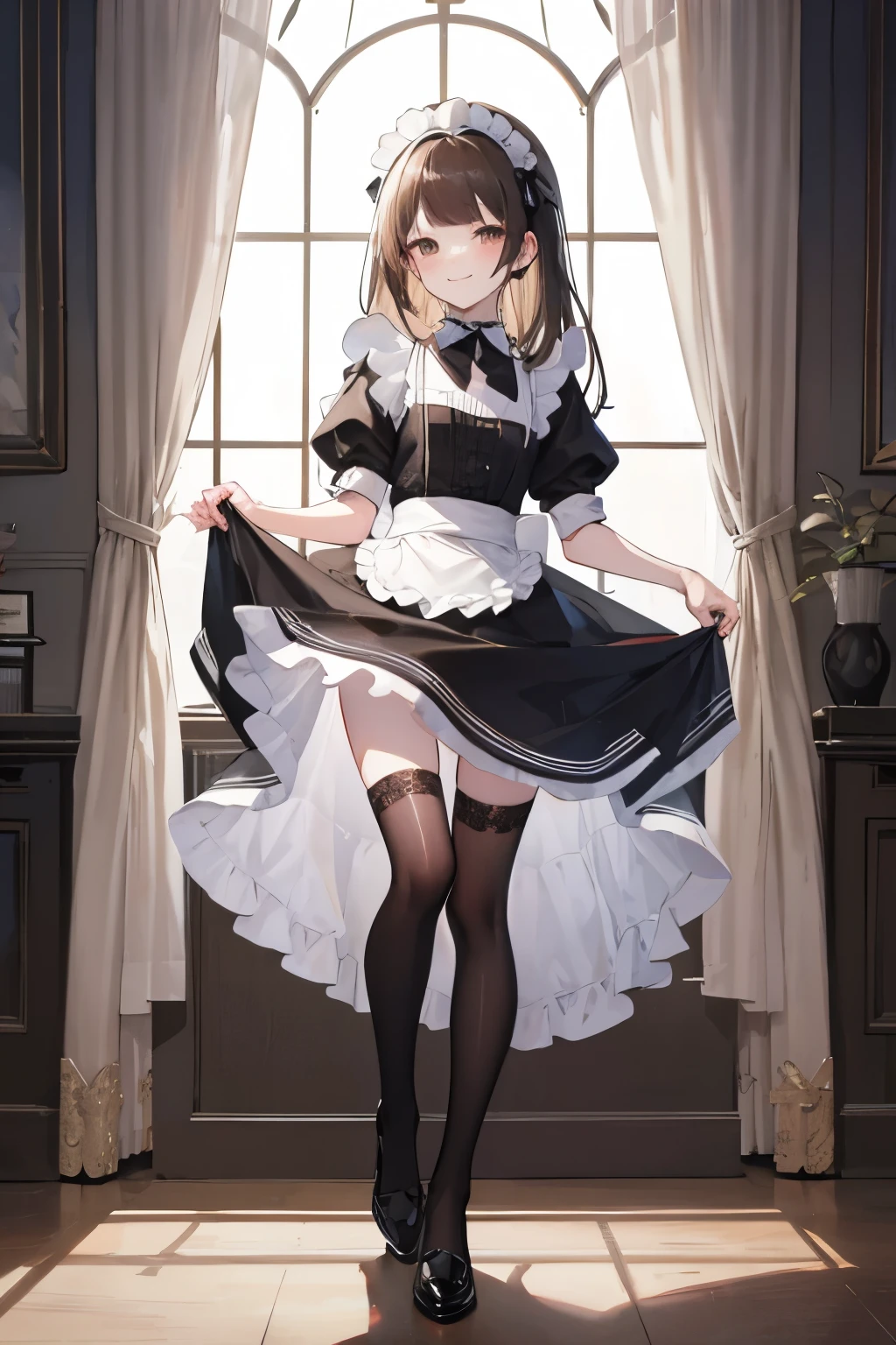 from below, best quality, 32k, RAW photo, incredibly absurdres, extremely detailed, cool beauty, wearing maid cafe costume, pantyhose, sharp eyes, slit eyes, coldly look down on, beautiful brown shining ponytail, amorous and lewd expression, shy, superlative body proportion
