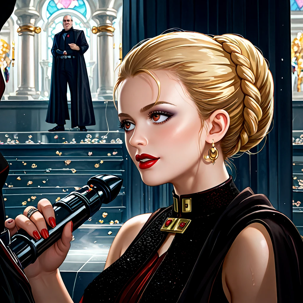 (( top quality)), ((masterpiece)), ( Details), （ Perfect Face）、The young, beautiful blonde Fate Testarossa was made to wear Princess Leia's dress, made to look like an elegant princess, became the wife of the Dark Lord of the Sith Darth Sidious, wore an engagement ring, was spoiled by Darth Sidious, and hugged by a man who snuggled up and loved as she was