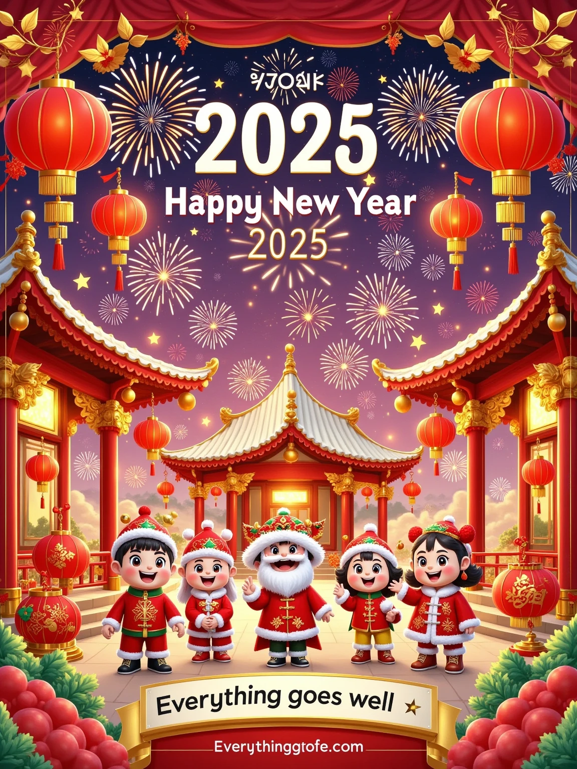 2025 New Year theme,red as the main color with golden accents,cartoon characters wearing festive New Year outfits,cheerful expressions,fireworks,red lanterns,Chinese knots,dynamic composition,tents replaced with red pavilions or New Year decorations,promotional text "Happy New Year 2025," "Everything goes well," strong holiday atmosphere