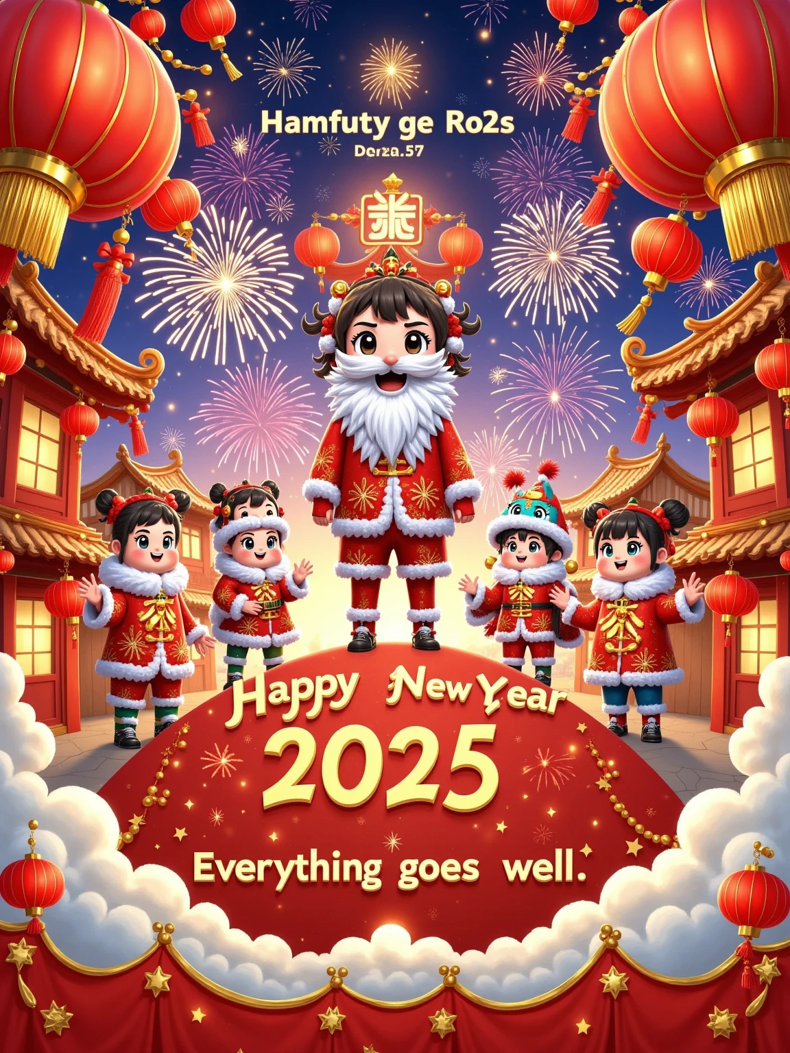 2025 New Year theme,red as the main color with golden accents,cartoon characters wearing festive New Year outfits,cheerful expressions,fireworks,red lanterns,Chinese knots,dynamic composition,tents replaced with red pavilions or New Year decorations,promotional text "Happy New Year 2025," "Everything goes well," strong holiday atmosphere