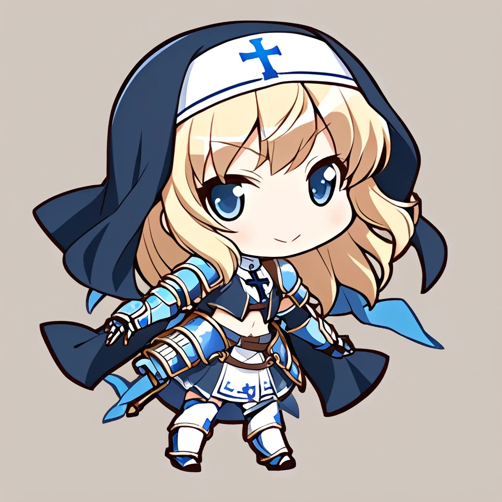 chibi-dol, chibi, full body, 1girl, solo, simple background, {ootomo_sourin_(sengoku_otome), blonde hair, blue eyes, flat chest, long hair,
armor, nun, cross, armored dress, gauntlets, midriff, habit, jewelry, skirt}