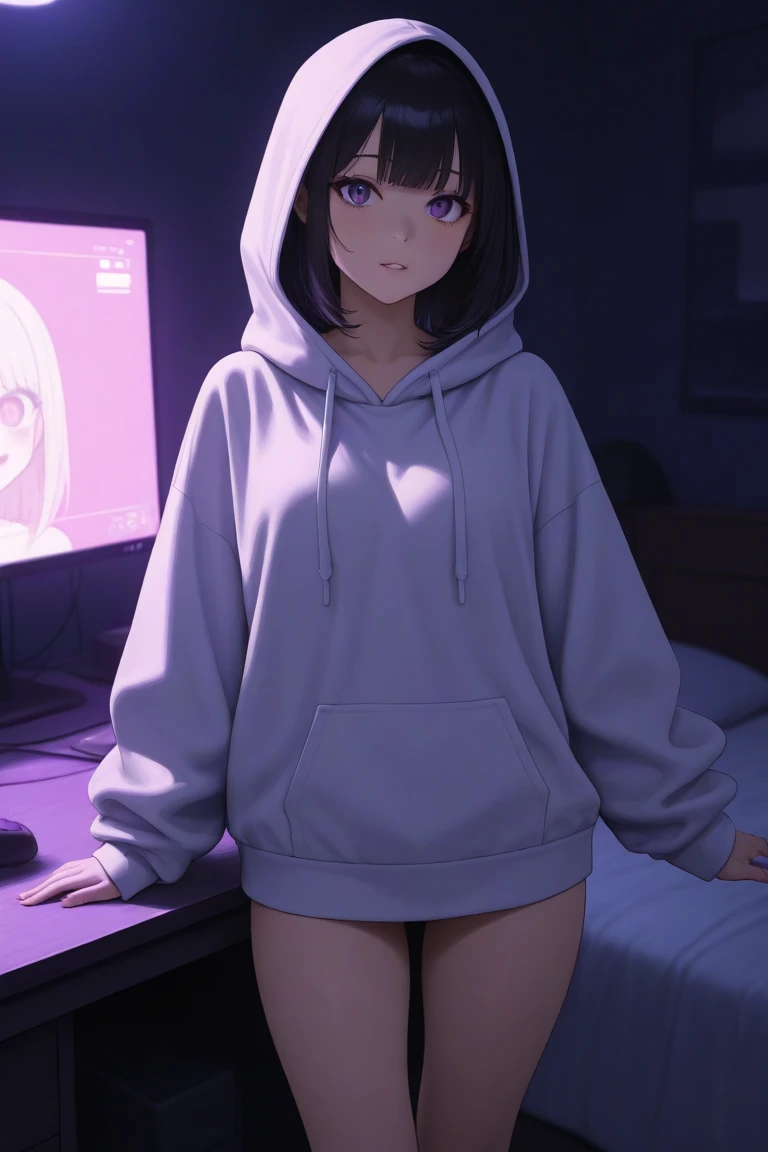 A picture of a gloomy girl wearing a oversized hoodie that covers her upper thighs. She is of a small frame and petite breast. Her appearances should be that of an 18 year old. She is in her slightly dark room, where in the background one could see her monitor displaying a video game.