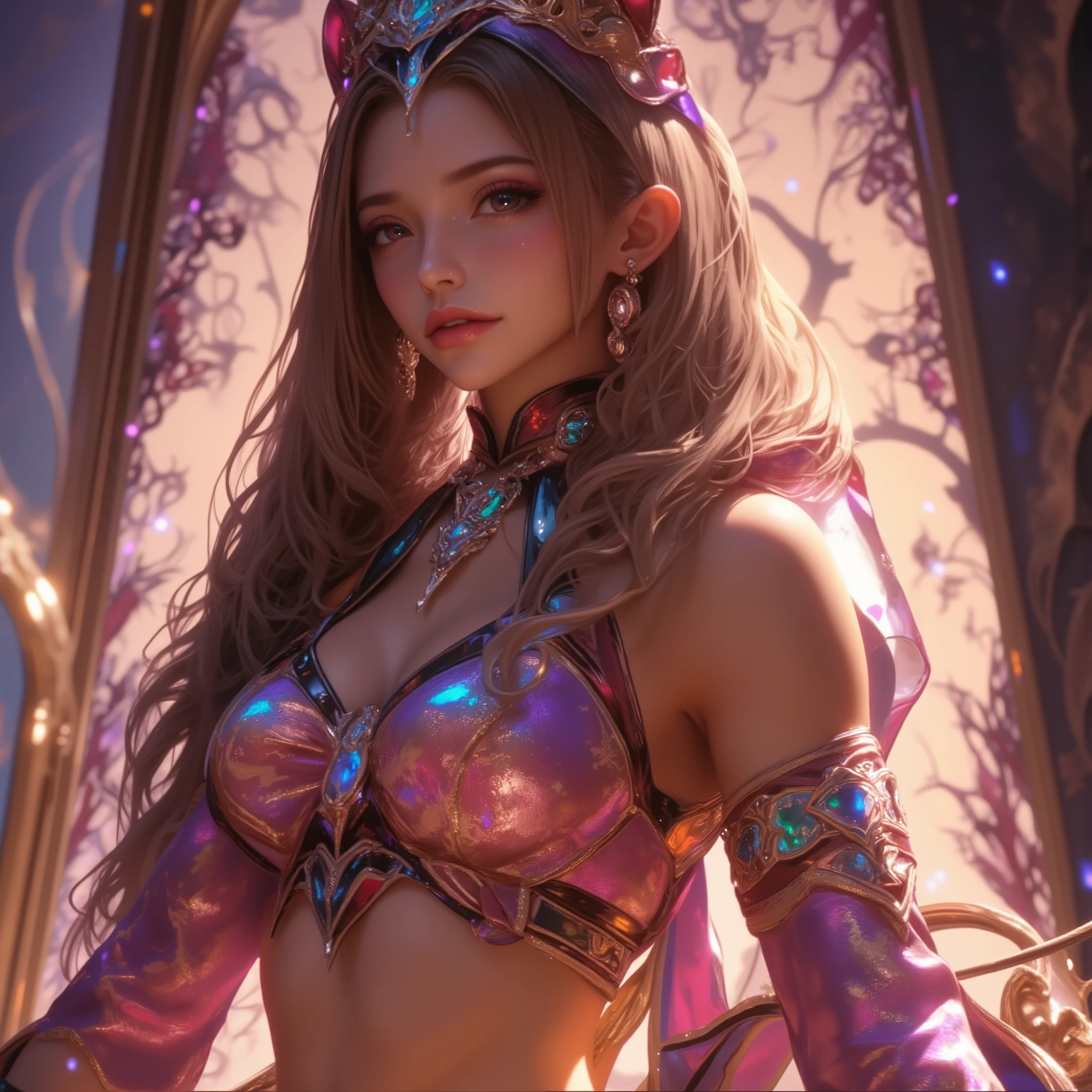 1 girl, brunet, breasts, open eyes, split sleeves, dress, pink, pink, pink, jewelry, gold accessories, gorgeous accessories, complex, long ponytail, lips, long hair, medium breasts, outdoors, parted lips, petals, peach blossoms, rabbit ears, night, solo, standing, dynamic pose, upper body