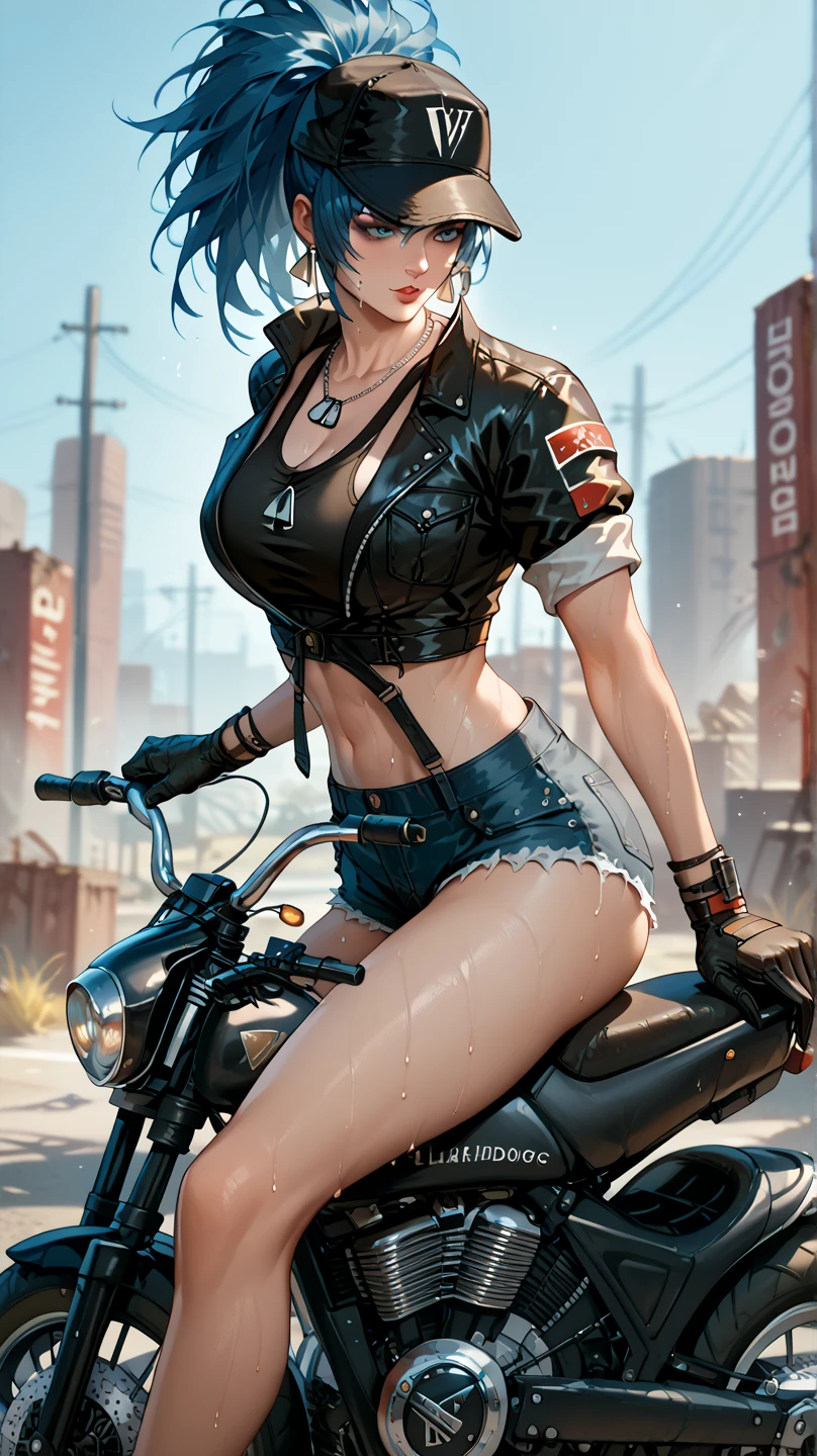 ((Sexy, beautiful)) ((Big bright blue eyes)) ((dark eyeshadows make up)) ((bright red lipstick)) ((very happy smile))((beauty breasts:1.5)) ((slender body:1.3)) ((wear black leather jacket, black thong bikini)) ((ckoker)) ((posing riding sit on chopper motorcycle)) ((beach parking)) ((high definition:1.5), ((low intencity lightasterpiece:1.5))((8k:1.5)) ((Best quality:1.4)), more_details:-1, more_details:0, more_details:0.5, more_details:1, more_details:1.5,
