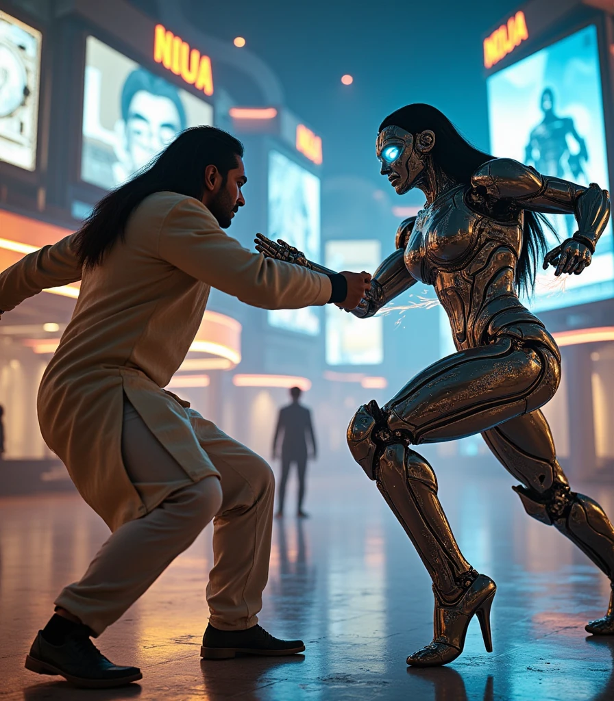 A dynamic scene featuring an intense fight between an Indian man and a futuristic female robot. The Indian man, wearing a traditional kurta with modern combat gear, exhibits an athletic build and determination in his expression. The robot, with a sleek metallic frame, glowing blue eyes, and long black hair, shows agility and precision in her movements. The setting is an open futuristic plaza with bright neon lights, holographic billboards, and intricate architecture. The moment captures the dramatic clash, with sparks flying as their weapons collide, and their postures exude strength and skill. Rendered in cinematic style with intricate details and high resolution, the scene is visually captivating.