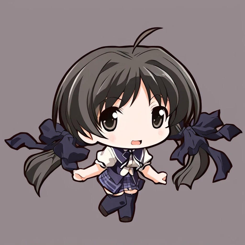 chibi-dol, chibi, full body, 1girl, solo, simple background, {SHIRAKAWA HOTARU, summer uniform, black hair ribbon, short sleeves, thighhighs,plaid skirt,}