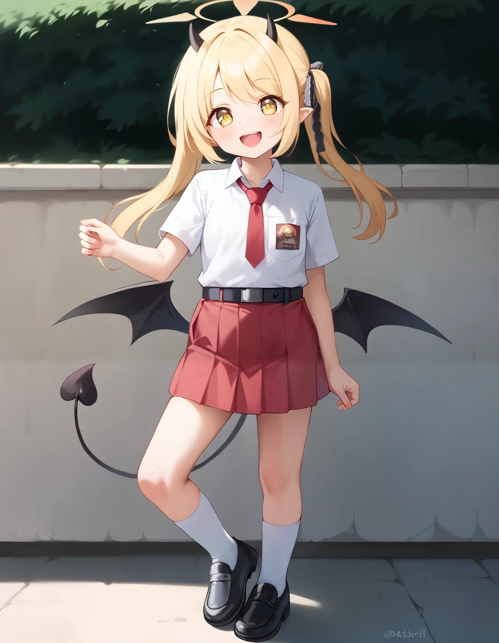 Hd, (littlegirl:1.2) (slender body) (thin body), ibuki \(blue archive\), smile, happy, long hair, blonde hair, twintails, tail, hair ribbon, yellow eyes, wings, halo, demon tail, black wings, demon wings, (white skin) happy and confident expression. full body, (ch1ldren playing), short girl, cute girl, (loli:1.2), (ch1ldren:1.2), long straight hair, thin legs, flat chest, flat breasts. (happy, smile, cheerful), Standing, outdoor, Indonesia high school uniform, wearing white collared shirt, short sleeves, red skirt, (red skirt:1.2), pleated skirt, red neck tie, (red tie:1.2), pocket, school logo on pocket, wearing black belt, wearing black shoes, white socks