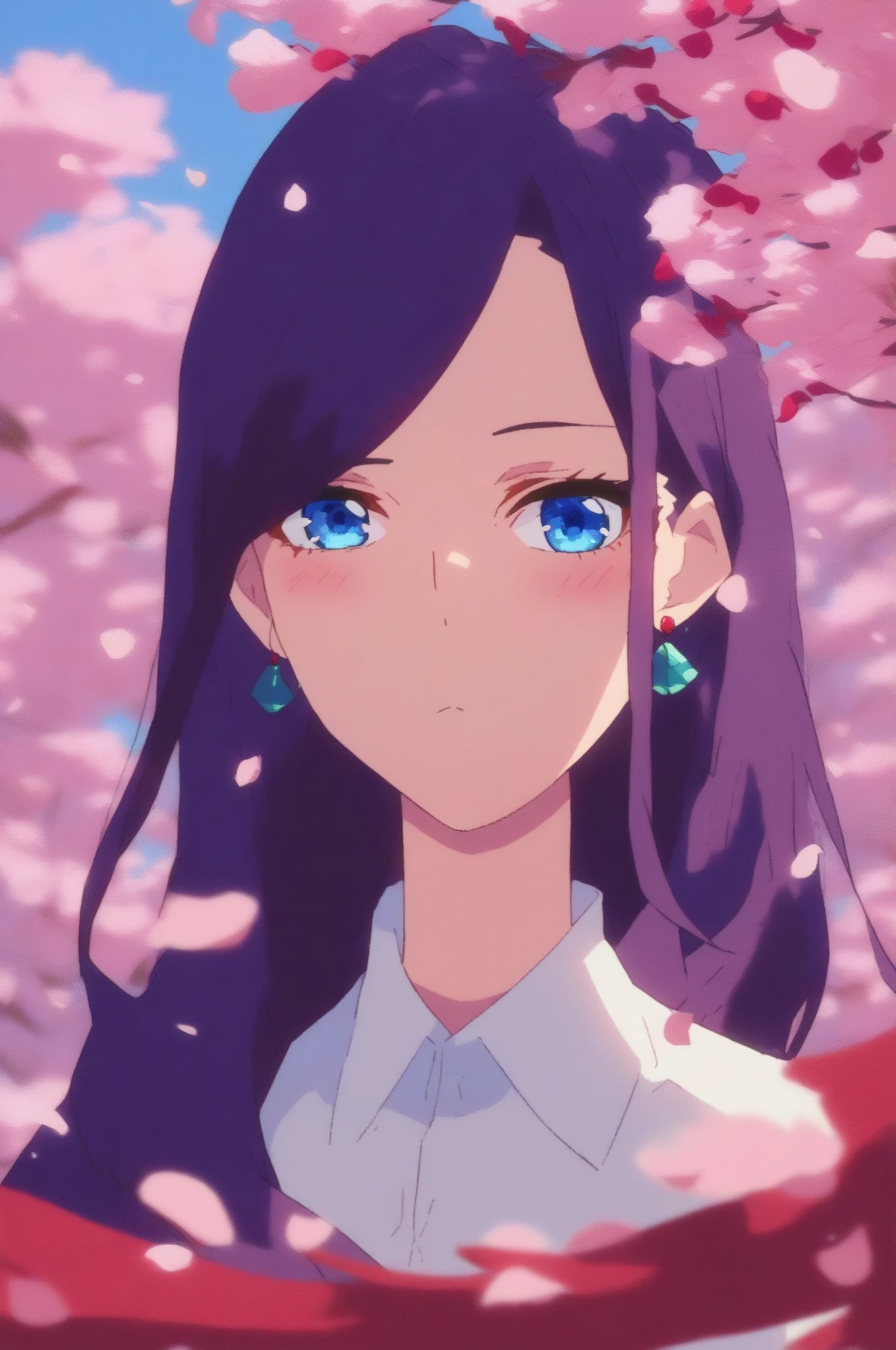 score_9, score_8_up, score_7_up, source anime,
portrait, looking at viewer, expressionless, blush,
1girl, nakano rena, swept bangs, blue eyes, large breasts, earrings,
collared shirt, white shirt, black pants, cherry blossoms, tree, petals,