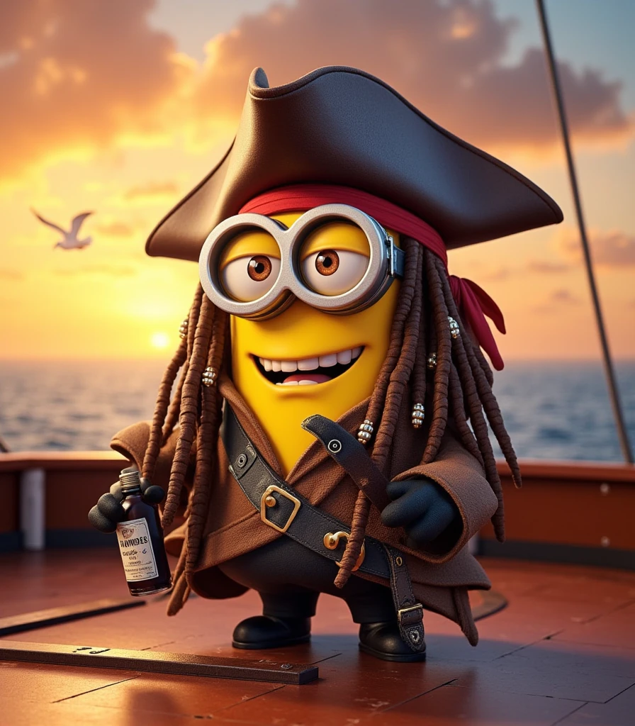 A playful Minion dressed as Captain Jack Sparrow, complete with a tricorn hat, dreadlocks with beads, a red bandana, and a pirate coat. The Minion stands on the deck of a pirate ship, holding a compass in one hand and a rum bottle in the other. The background features a sunset over the open sea, with dramatic clouds and seagulls flying. The Minion's mischievous grin and quirky pose bring humor to the scene, styled in professional Disney-like animation.