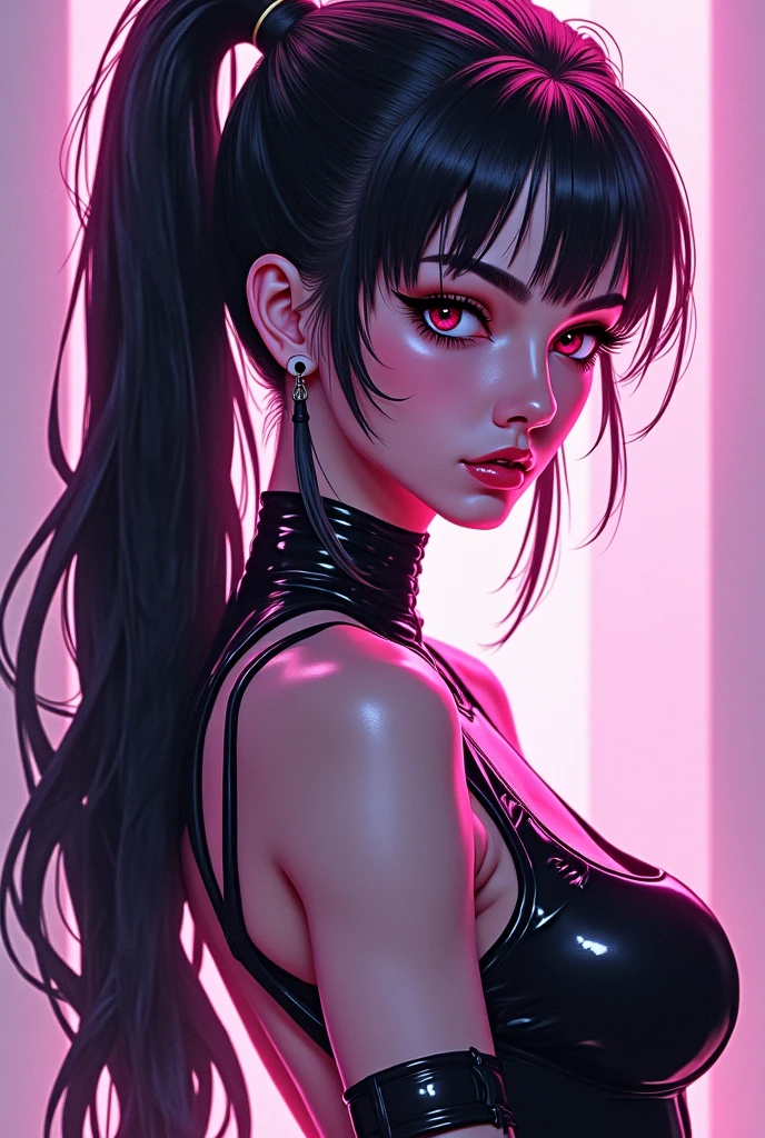 Anime sexy girly2k style Tied up and messy in the front and white horns and sexy bodysuit, with red eyes And a naughty face, Also put big butterfly tattoo On Right thigh and Japanese letters on the Left thigh , black gloves on both arms