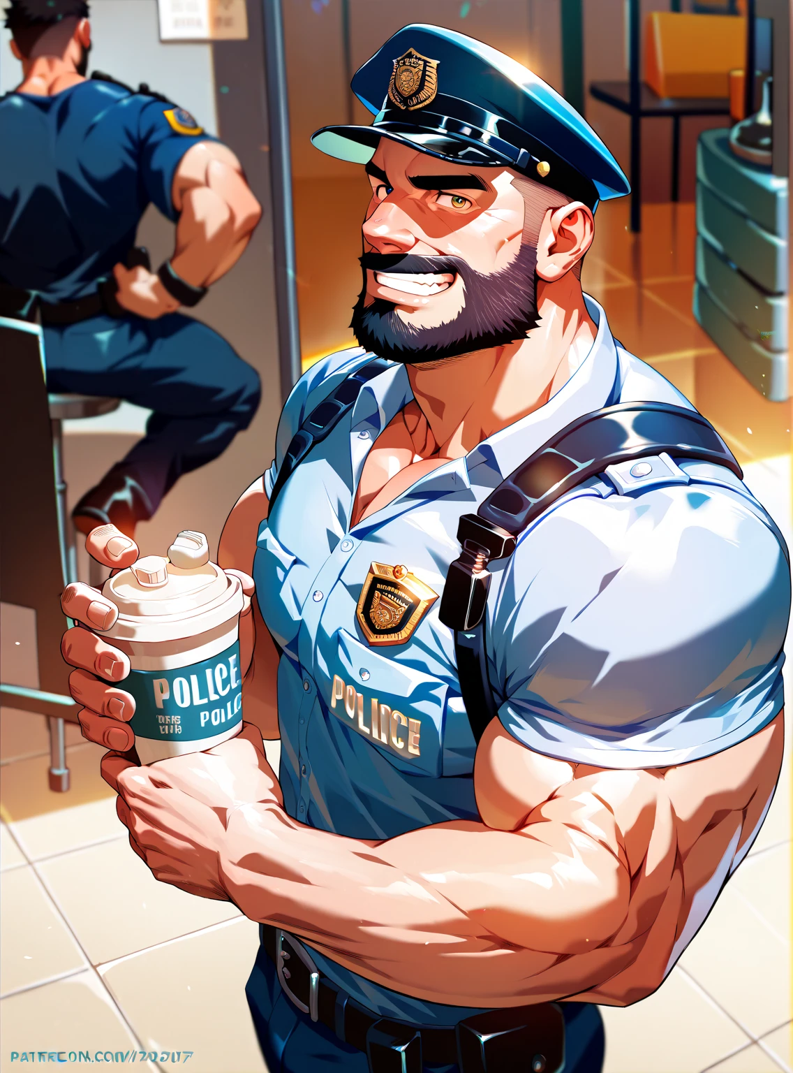  police  ,man, Muscular,  beard and short hair  ,  big penis,  A room in the back  .   just wearing a shirt,not, a big smile on the face ,