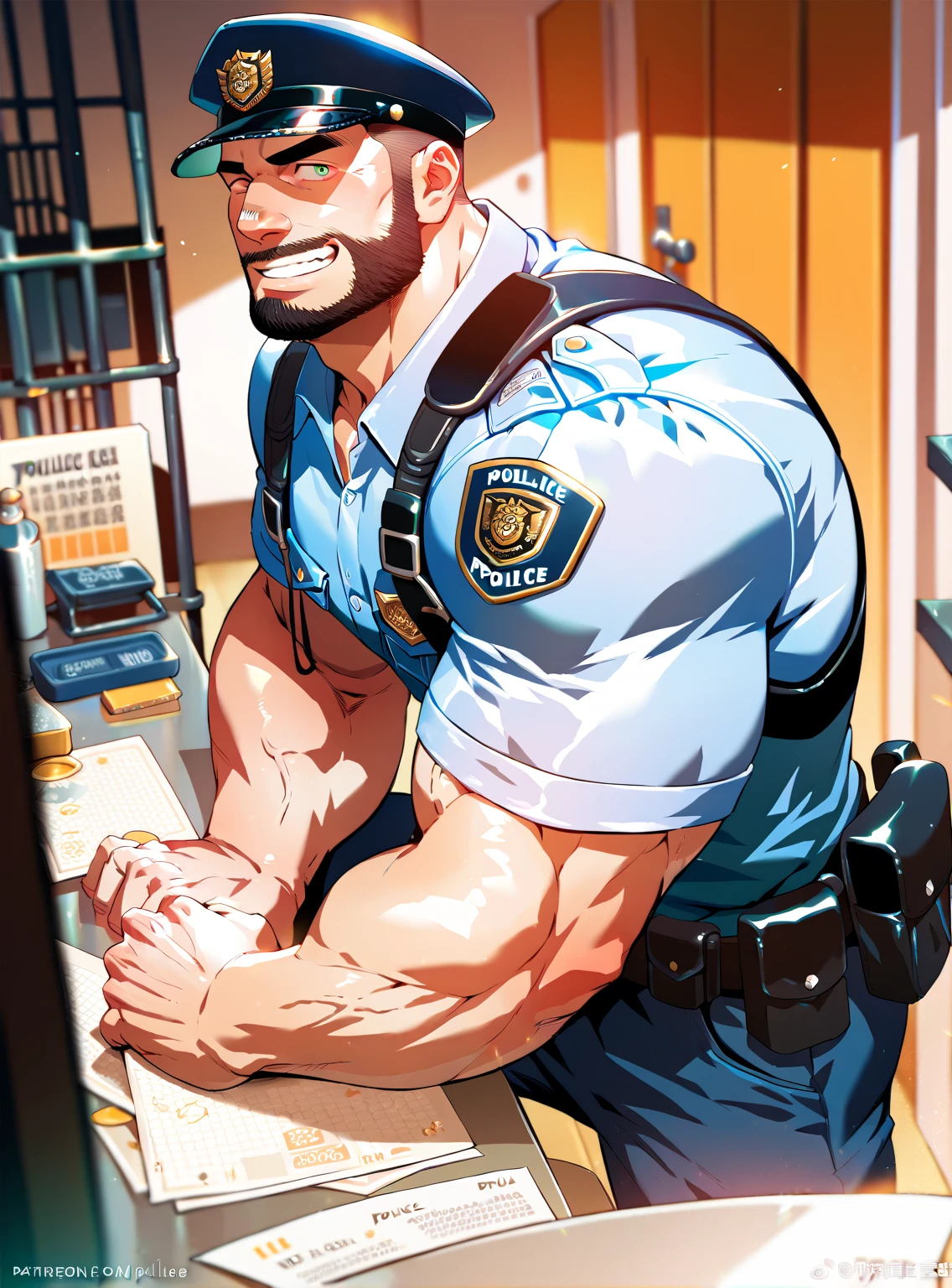  police  ,man, Muscular,  beard and short hair  ,  big penis,  A room in the back  .   just wearing a shirt,not, a big smile on the face ,