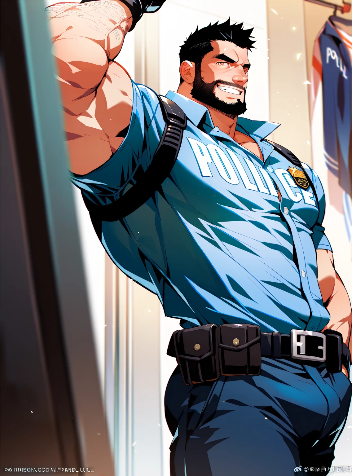  police  ,man, Muscular,  beard and short hair  ,  big penis,  A room in the back  .   just wearing a shirt,not, a big smile on the face ,