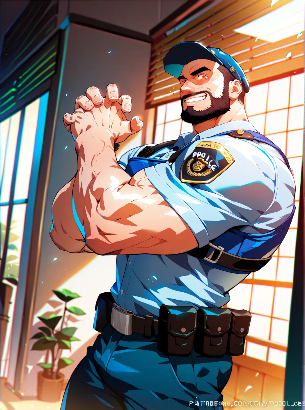 police  ,man, Muscular,  beard and short hair  ,  big penis,  A room in the back  .   just wearing a shirt,not, a big smile on the face ,