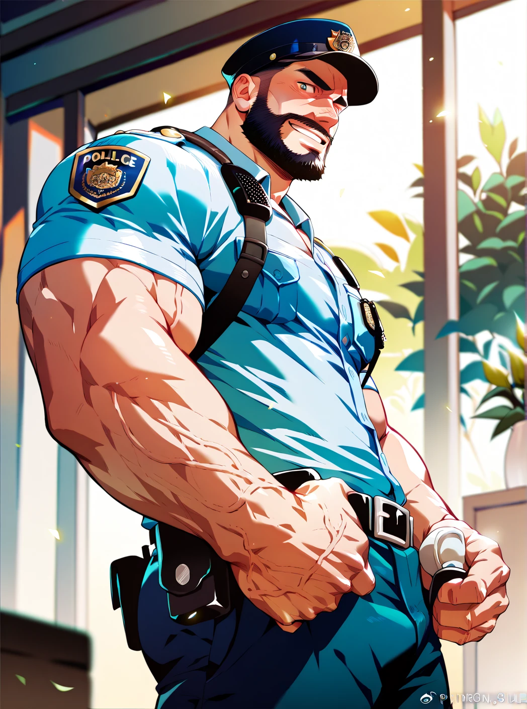 police  ,man, Muscular,  beard and short hair  ,  big penis,  A room in the back  .   just wearing a shirt,not, a big smile on the face ,