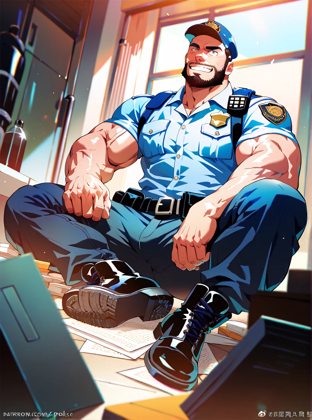 police  ,man, Muscular,  beard and short hair  ,  big penis,  A room in the back  .   just wearing a shirt,not, a big smile on the face ,