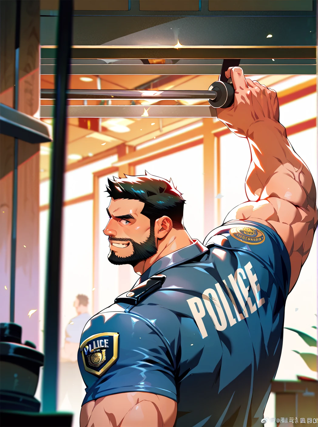 police  ,man, Muscular,  beard and short hair  ,  big penis,  A room in the back  .   just wearing a shirt,not, a big smile on the face ,