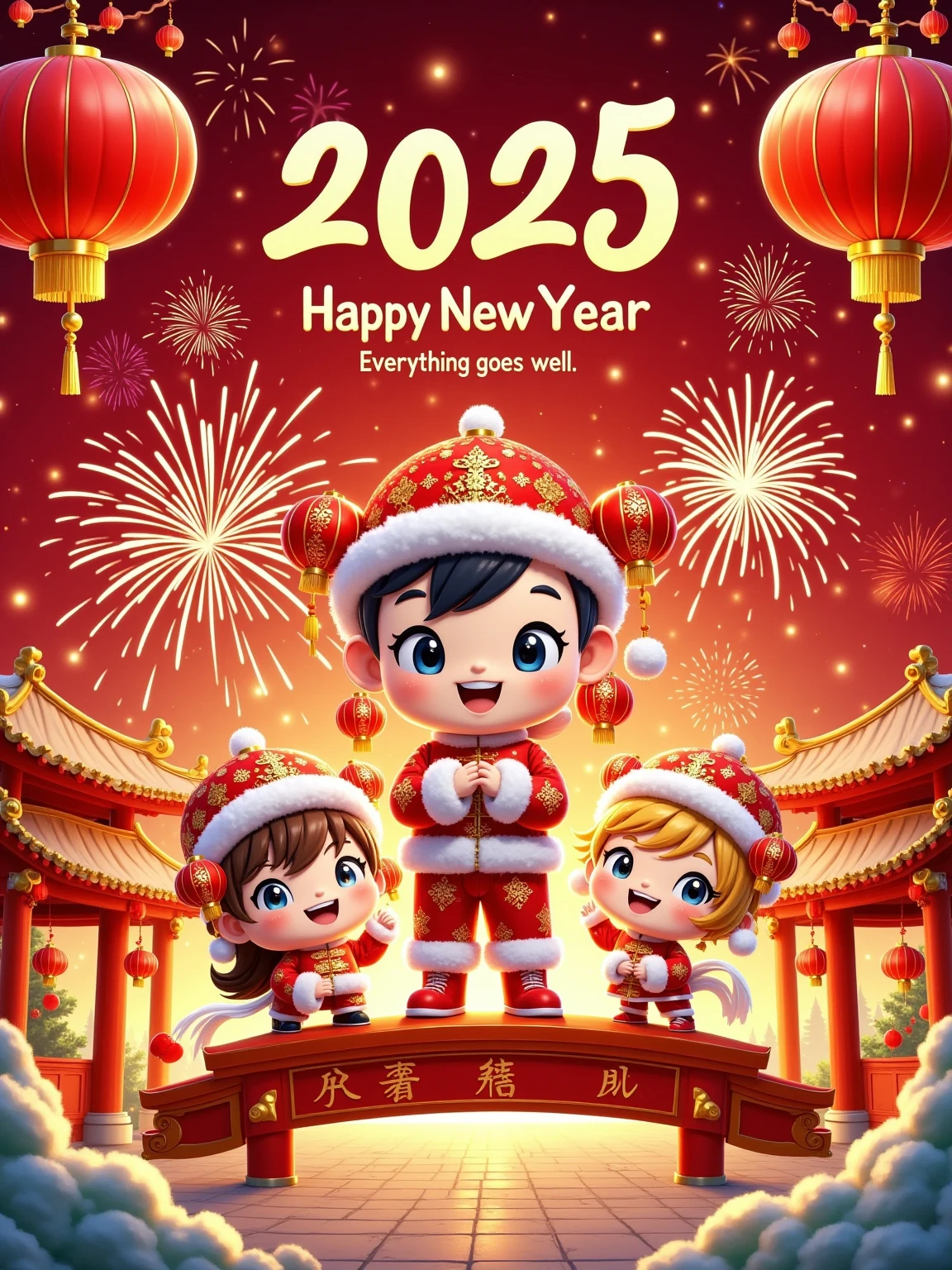 2025 New Year theme,red as the main color with golden accents,cartoon characters wearing festive New Year outfits,cheerful expressions,fireworks,red lanterns,Chinese knots,dynamic composition,tents replaced with red pavilions or New Year decorations,promotional text "Happy New Year 2025," "Everything goes well," strong holiday atmosphere