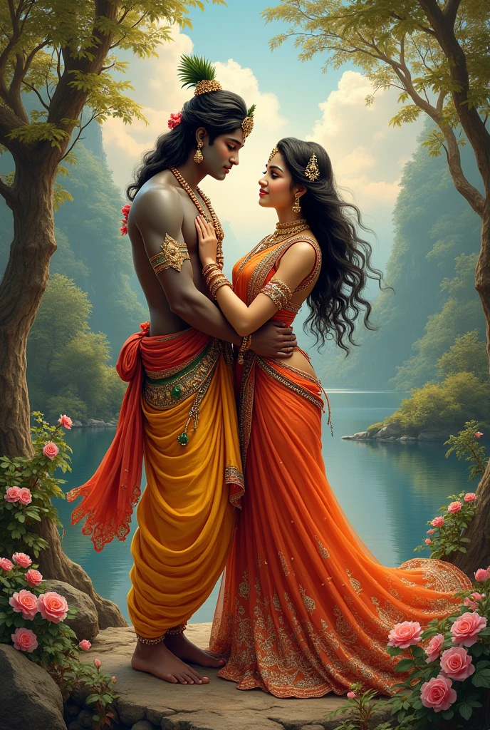 Radha kreeshna with boy in t shirt anand name on t shirt he see front