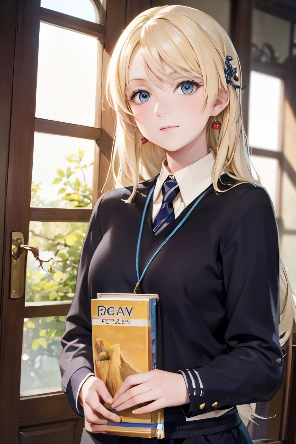 a beautiful image of Luna , Wearing a uniform, masterpiece, photorealistic , Detailed , 4k, HDR-10, backluzing, bloom, luz, RAW Color Photo, soft leather, blonde, Detailed face, Blue eyes,