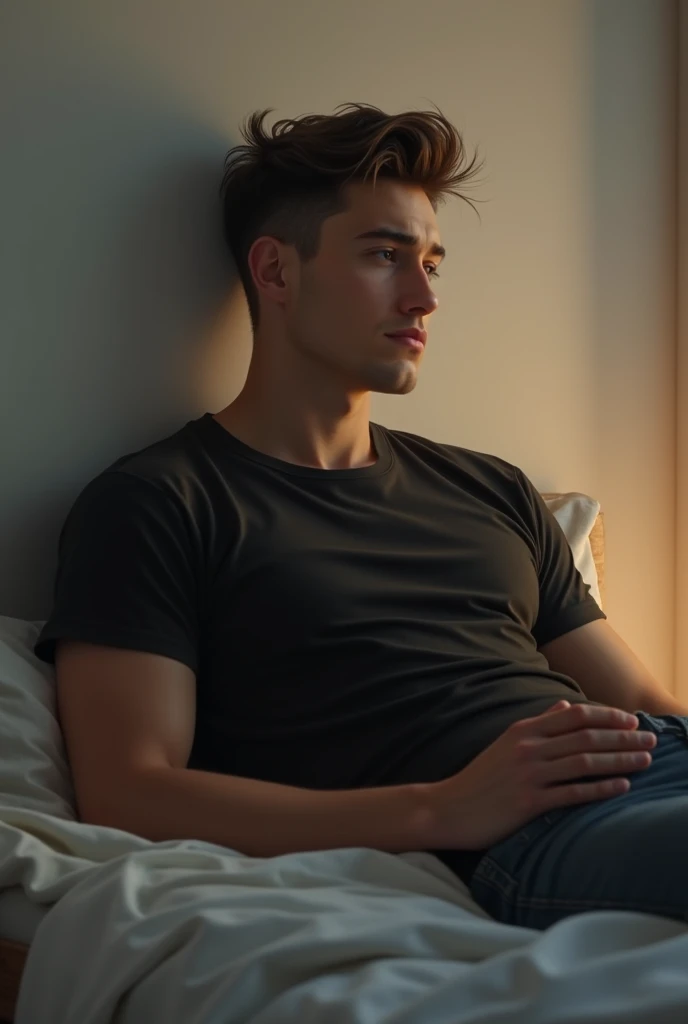 ((best quality)), ((masterpiece)), (detailed), perfect face ((photo realism: 1.2))
A 2 man with features similar to George MacKay and Chris Pine but with slanted eyes. His complexion is fair and he has blue eyes. He has completely black hair and a wolf haircut style. He is 185 cm tall. He is a trapezoid type and somewhat muscular. He has piercings in his ears. His clothing style is casual, similar to Kurt Cobain's style. He is making his bed.
window with sunlight, cozy room, relaxed pose, realistic, intricate details, warm colors, by Greg Rutkows