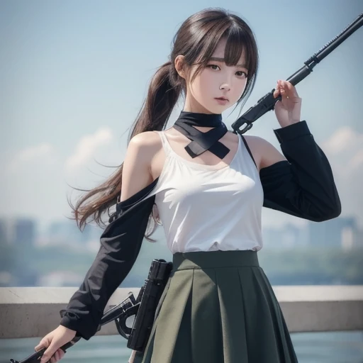  top quality,  Outstanding Details ,   ultra high definition , (Faithfulness: 1.4),  Best Illustrations, ,  one very condensed girl aiming with a rifle, The , Delicate clavicle,  High Quality Fishtail Skirt, Shyness