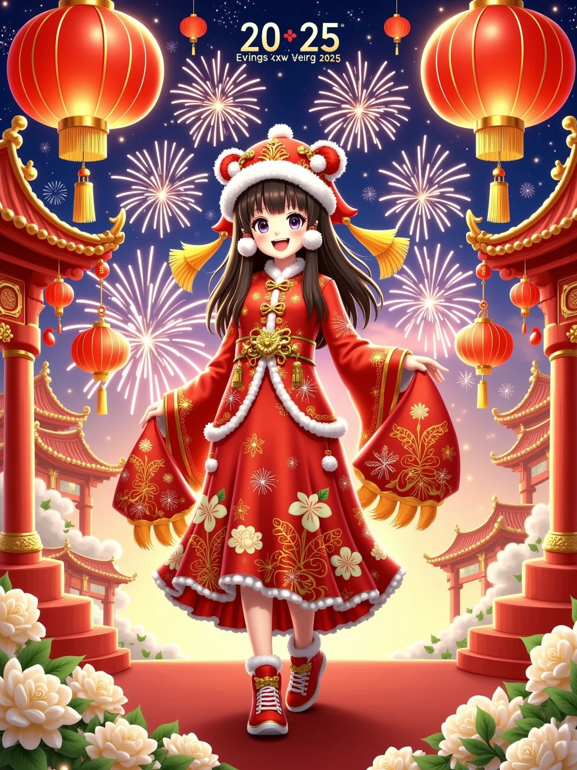 2025 New Year theme,red as the main color with golden accents,cartoon characters wearing festive New Year outfits,cheerful expressions,fireworks,red lanterns,Chinese knots,dynamic composition,tents replaced with red pavilions or New Year decorations,promotional text "Happy New Year 2025," "Everything goes well," strong holiday atmosphere