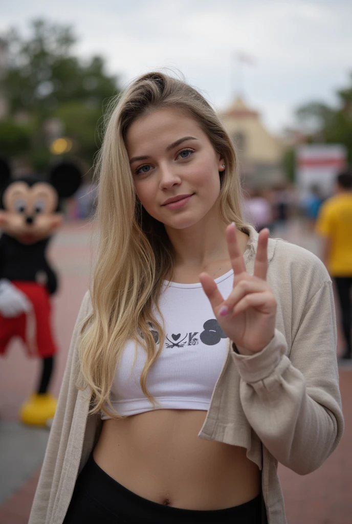 Photo debout avec le signe peace ultra réaliste prise de loin d’une jeune femme blanche très mince petit seins de 18 ans, avec de longs cheveux blonds et des yeux bleu ultra réaliste et détaillé, elle est a disneyland avec mickey à coter d’elle et pleins de client autour Elle porte un legging noir et une brassiere blanc avec une tete de mickey en dessin sur le t shirt. La photo est prise de loin, à partir d’un angle légèrement élevé, capturant son visage et son corps de manière décontracté, La lumière est douce, venant de la lumière du jour, créant une ambiance chaleureuse et naturelle. La scène est détendue, sans poser pour un selfie, pas de photo professionel avec une expression tranquille et naturelle. Le fond est flou, mettant l’accent sur sa silhouette et l’atmosphère intime