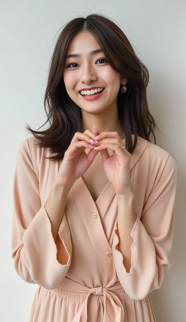 A woman with a cute smile is cute,  fluffy off-shoulder pajamas,  make a big heart with both hands , Hold it in front of your chest , View above the collarbone、  has a monotone background  