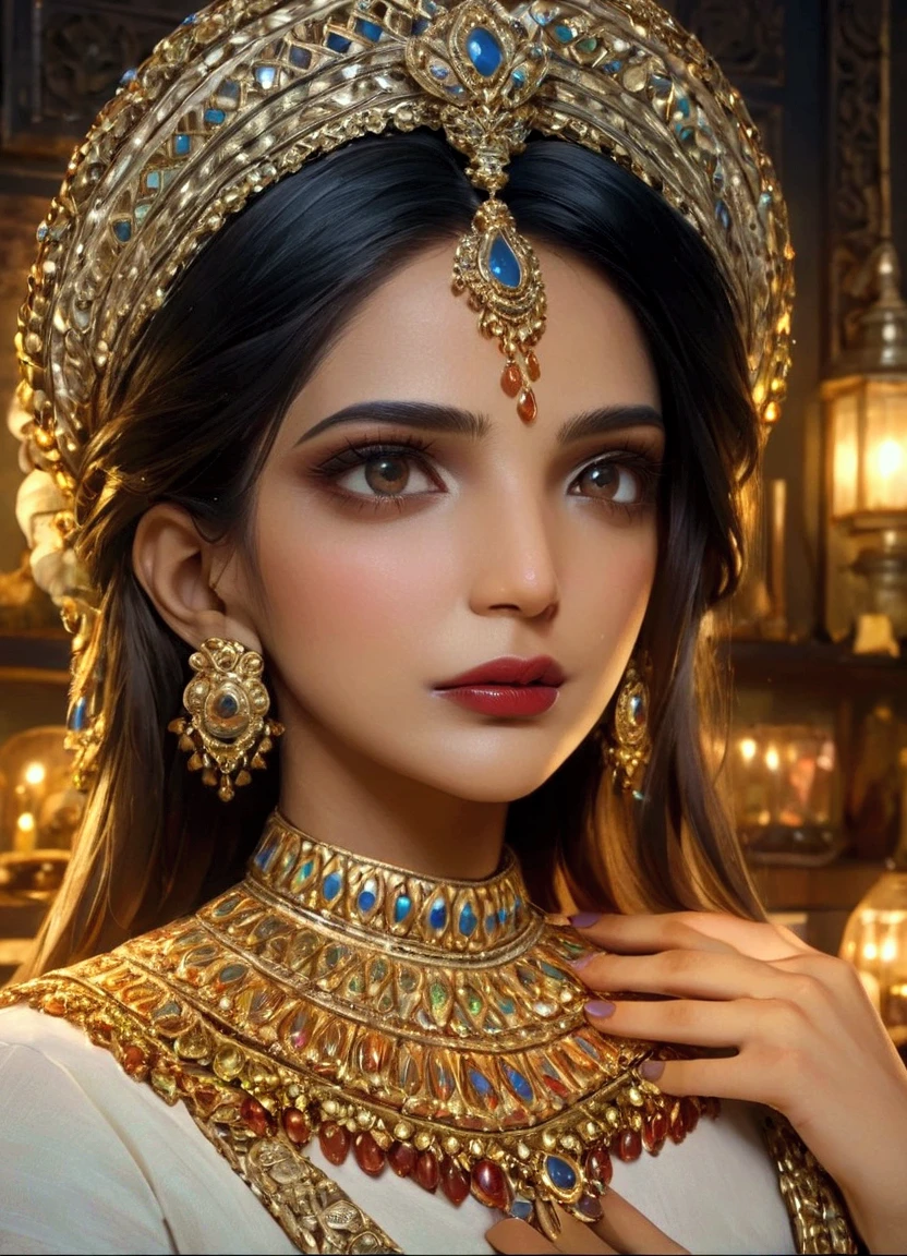 a close up of a woman in a sari posing for a picture, indian goddess, asian hyperdetailed, beautiful goddess, arabian beauty, seductive. highly detailed, a beautiful fantasy empress, extraordinarily detailed woman, statue of a perfect woman, statue of the perfect woman, beautiful alluring anime woman, very very realistic, gorgeous woman, sexy girl, detailed woman