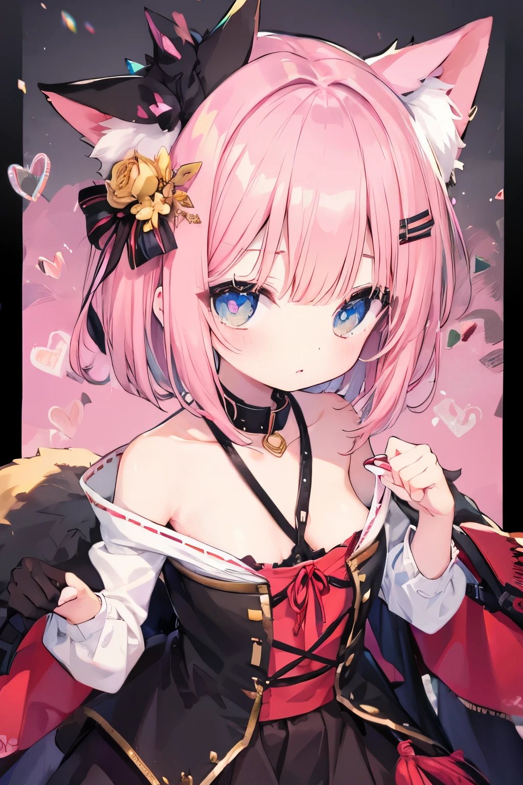 nsfw、  transparent pink short hair、  oversized jacket   、  wear a collar  、     I'm looking for an  、  small breasts、So beautiful、 Eyeliner 、cat ears、((((( )))))、heart❤