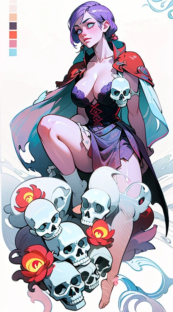 Pale girl, sexy, mostly naked, barefoot, long black hair, red eyes, with skull mask, posing, over giant worm, white, lot of fangs
