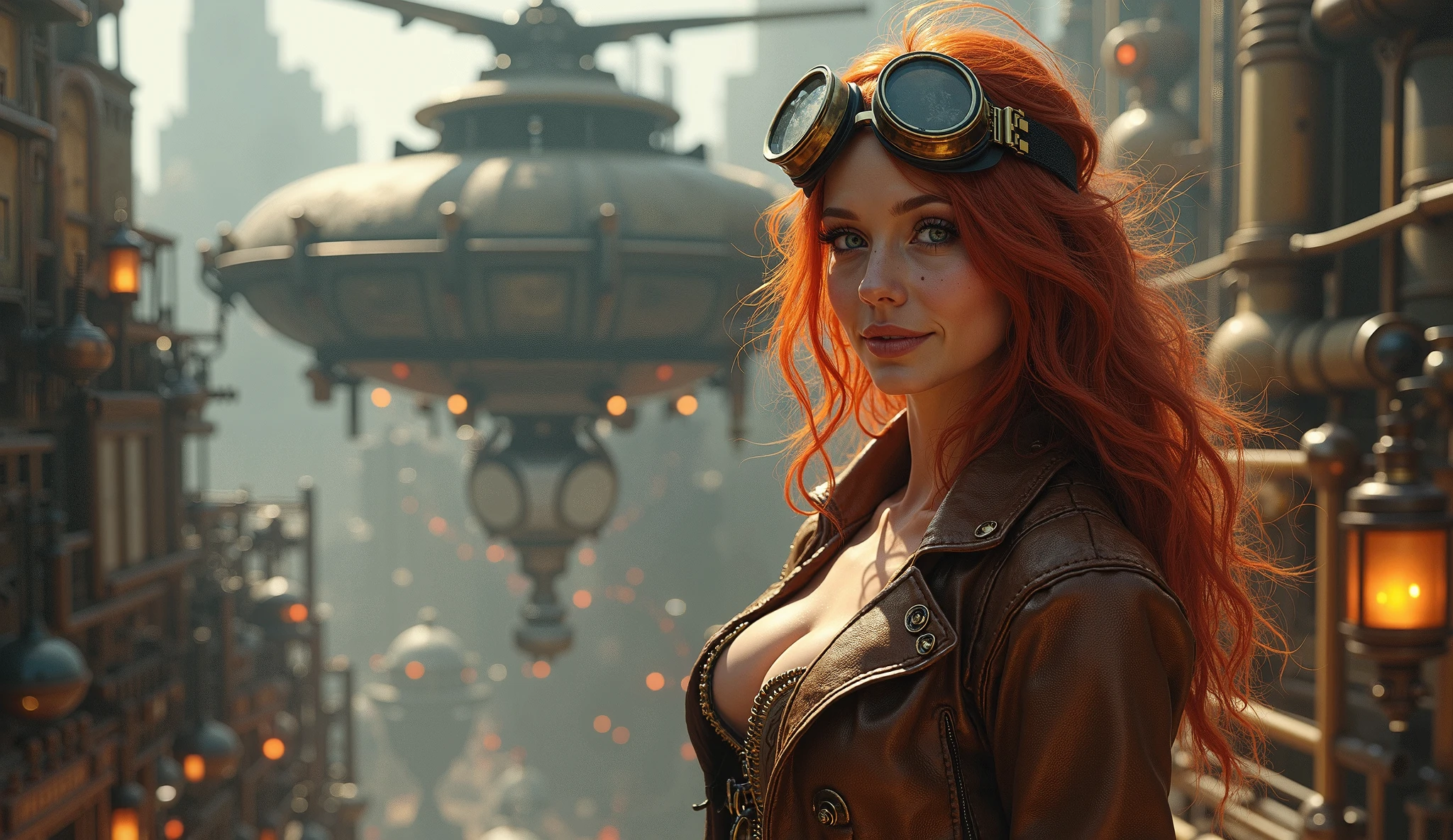 ultra realistic, photography, long red hair, girl, 24 years old, hourglass figure, perfect body, small breasts, Flirty look, extremely detailed artgerm, in the style artgerm, facing the camera, lens 35 mm, blur background, industrial city, surround by wall, steampunk. there is inn, residental area, ((airships)) in the sky, city gate, rusty and heavy, smoke, chimney, factories, gears, machinery, tall buildings, towers, steam power, steam pipes, streetlights, (bird-eye view), (night time, starry sky), (hard rain), (crossroad), (cinematic lighting:0.8, super detail, bloom)