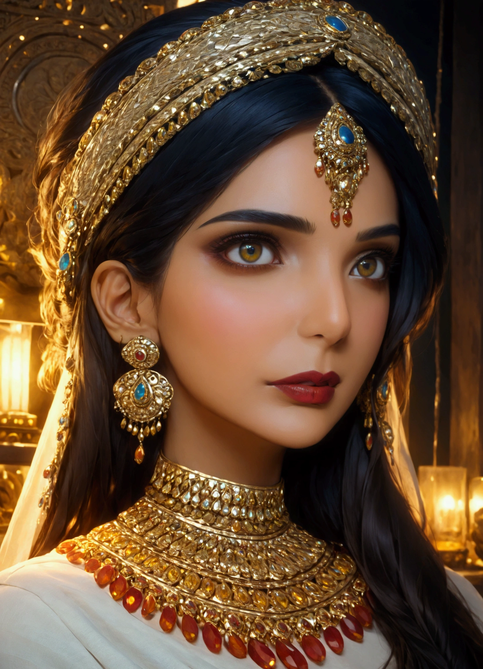 a woman exploring traditional indian jewelry, beautiful detailed eyes, beautiful detailed lips, extremely detailed face and portrait, intricate indian jewelry, vibrant paravati jwellery center, ornate jewelry display, studio lighting, high contrast lighting, dramatic lighting, photorealistic, 8k, ultra-detailed, masterpiece, realistic, vivid colors, cinematic composition