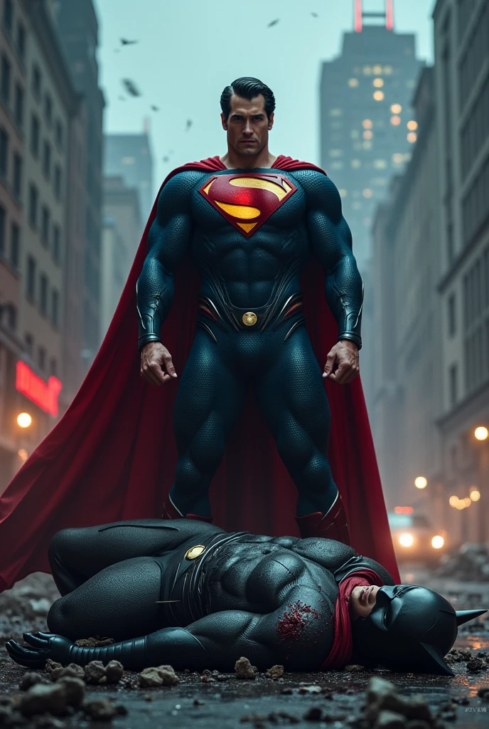 Superman standing with bloody fists and black suite and glowing red eyes, batman laying on the ground unconscious covered in blood with mask that resembles bat