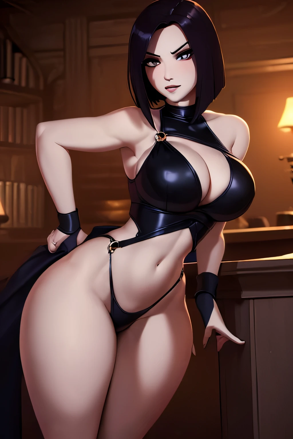 (High quality: 1.3), cinematic shot, masterpiece, (sharp focus: 1.5), (photorealistic: 1.3), full body portrait of (a beautiful young woman sexy, pale skin, gothic, still proud and fierce, straight black short bob hair, dark look, dressed in a highly detailed lingerie, dark atmosphere, but sculpting the shapes in sharp chiaroscuro), is night, (highly detailed skin), (detailed face), detailed background, dark lighting, twilight lighting, volumetric lighting, complex details, UHD, big sexy thighs, eyes looking seductively forward, big perfect, hourglass body shape, hyper sexualized, 