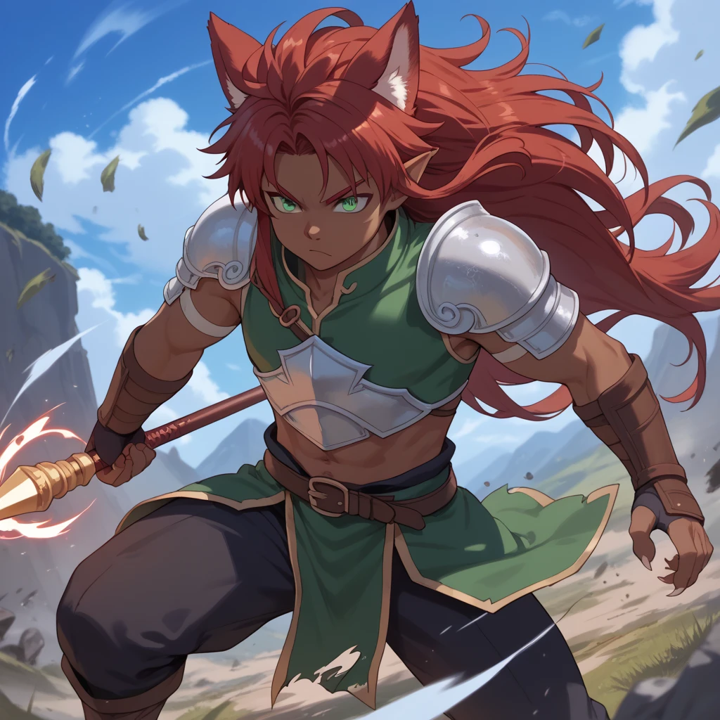 Young boy Kemono elf half beast, Your hair and fur are red,  fighting in the middle of a plain,  her clothes are torn and her armor in pieces ,  her expression is fierce and her eyes are serious ,  in her left hand she holds an impressive spear with a long blue fabric that wraps around it,  her other hand is in a claw shape ,  her red hair wobbles in the wind ,  dark skin under the red fur , deep green eyes , iris feral,  animal ears , wolf ears,  body hair , Alone,  Battlefield,  magic and shadows in the background ,  long hair, by the bodies, Alone, 1 man.