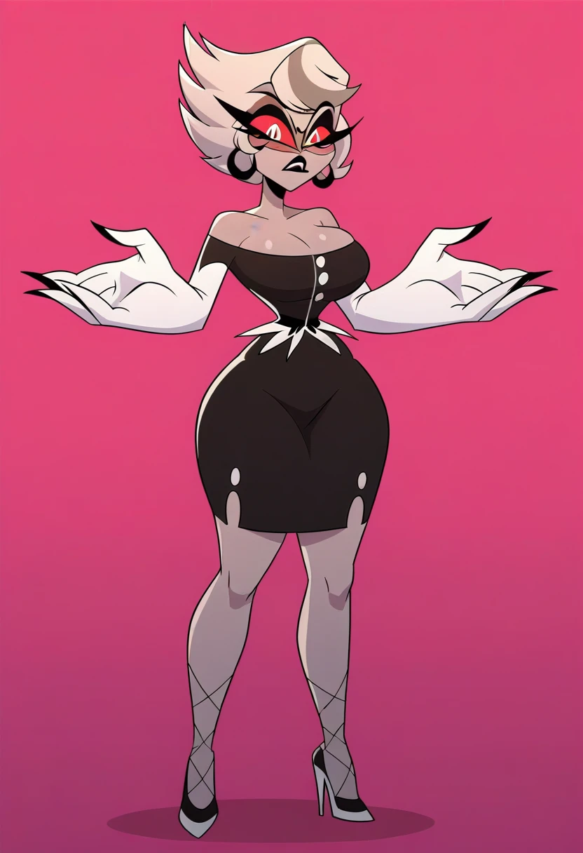 Angel Dust, hazbin hotel style, bimbo, big breast, alone, flip flops, walking