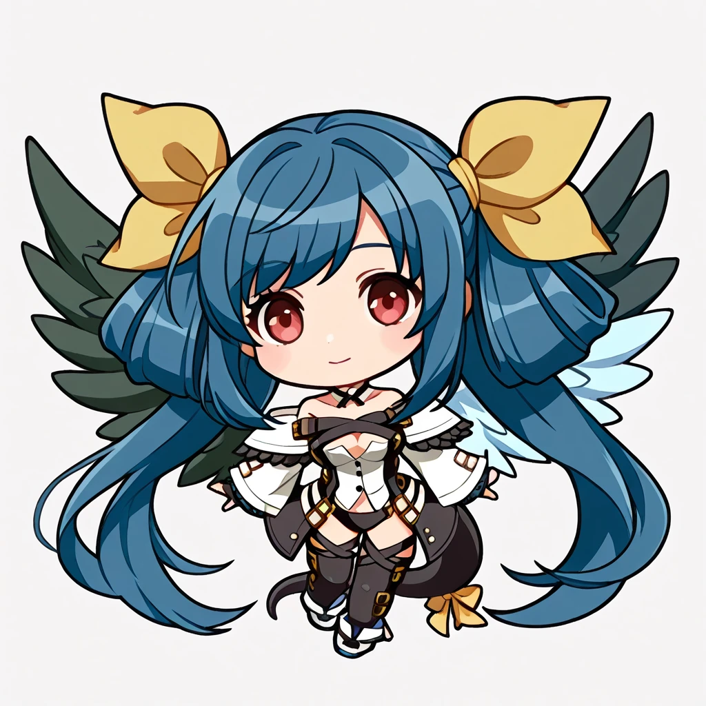 chibi-dol, chibi, full body, 1girl, solo, simple background, {Dizzy \(guilty gear\), red eyes, blue hair, braid, braided ponytail, long hair, hair flower, hair ornament, swept bangs, sidelocks, long black dress, front slit dress, high-collared white top, capelet, white capelet, white wide sleeves, black ribbon in the collarbone area, belted at the waist, white sash adorned with two black flowers, white pants, black fingerless gloves, stirrup legwear,}