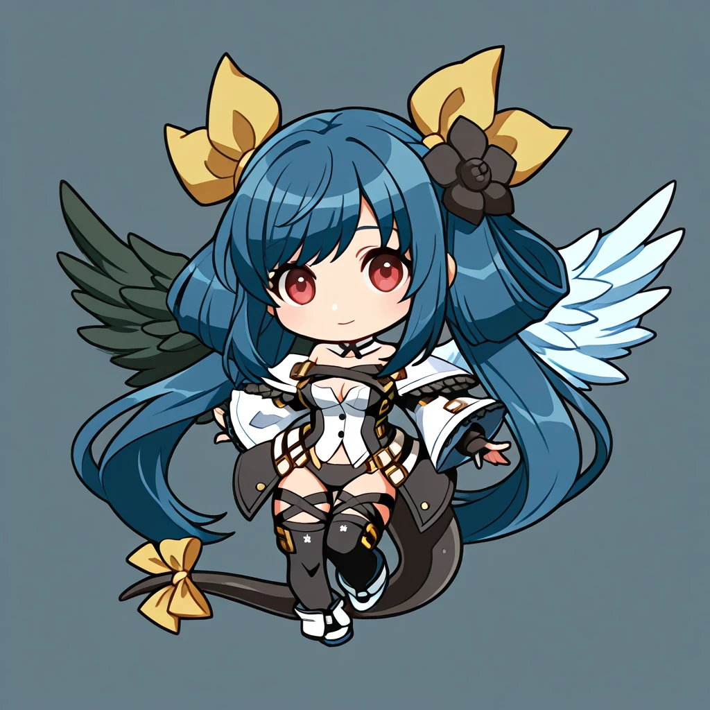 chibi-dol, chibi, full body, 1girl, solo, simple background, {Dizzy \(guilty gear\), red eyes, blue hair, braid, braided ponytail, long hair, hair flower, hair ornament, swept bangs, sidelocks, long black dress, front slit dress, high-collared white top, capelet, white capelet, white wide sleeves, black ribbon in the collarbone area, belted at the waist, white sash adorned with two black flowers, white pants, black fingerless gloves, stirrup legwear,}