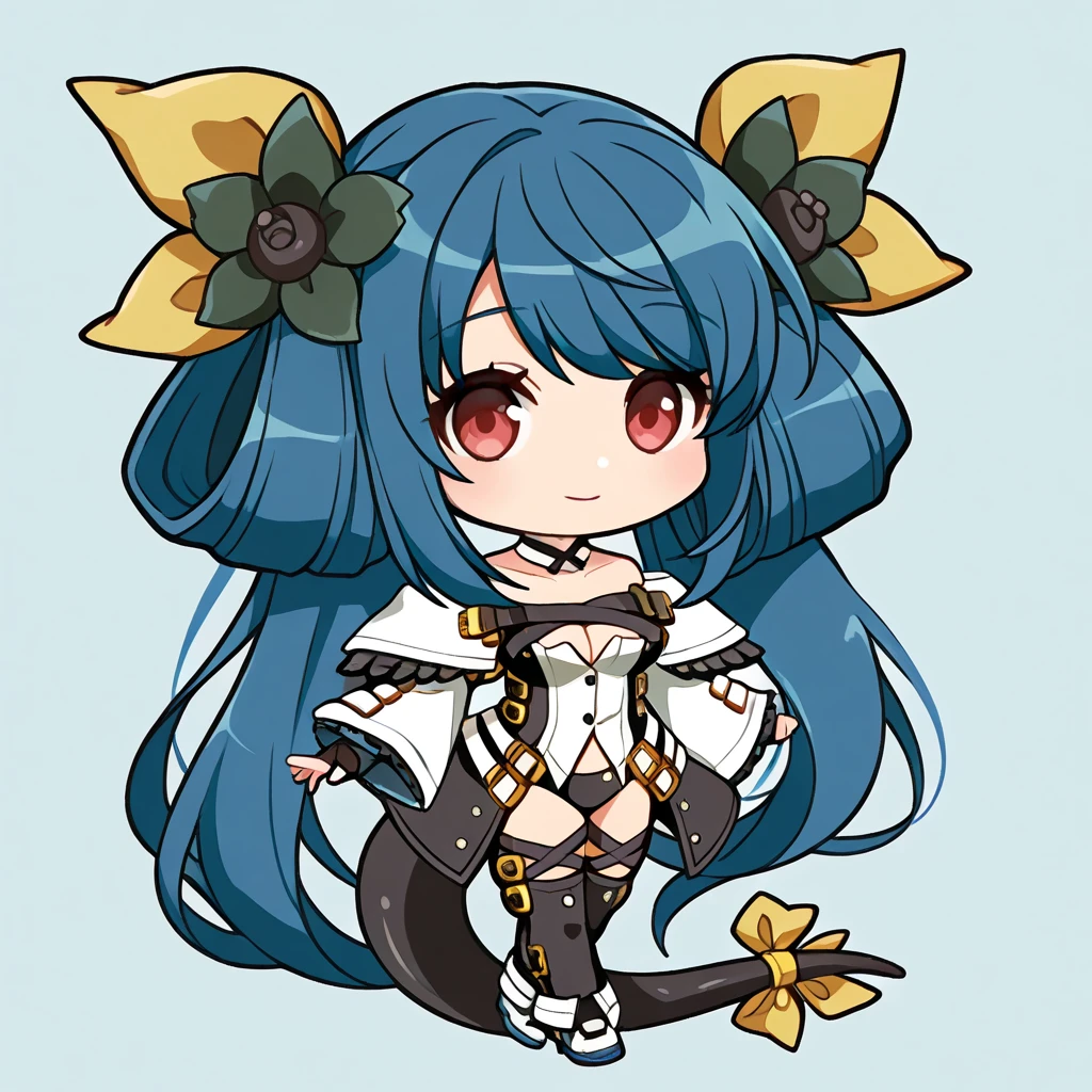 chibi-dol, chibi, full body, 1girl, solo, simple background, {Dizzy \(guilty gear\), red eyes, blue hair, braid, braided ponytail, long hair, hair flower, hair ornament, swept bangs, sidelocks, long black dress, front slit dress, high-collared white top, capelet, white capelet, white wide sleeves, black ribbon in the collarbone area, belted at the waist, white sash adorned with two black flowers, white pants, black fingerless gloves, stirrup legwear,}